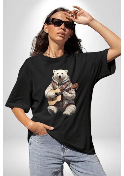 Kutup Ayısı Gitar Polar Çeket Pamuklu Bisiklet Yaka Unisex Oversize Boyfriend Dijital Baskılı Siyah T-shirt Siyah