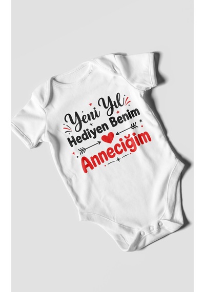 Morivokids Yeni Yıl Hediyen Benim Anneciğim Kısa Kollu Bebek Body %100 Pamuk Beyaz