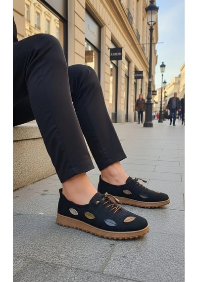 Geeta Ayakkabı Kadın Günlük Loafer Ayakkabı Çiçek Desenli Siyah