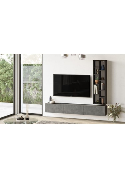 Arya 175cm Tv Ünitesi Kitaplık Beton-siyah Ary9-rl Gri - Siyah