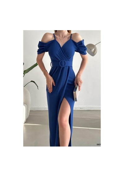 DefyModa Kadın Minimal Krep Kumaş V Yaka Yırtmaçlı Abiye Elbise Saks