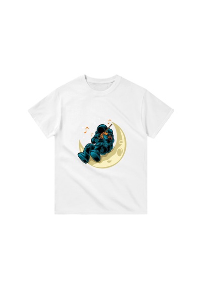 Paybuy Erkek Ay Temalı Keman Çalan Astronot Baskılı Rahat Kesim Kısa Kol Beyaz
