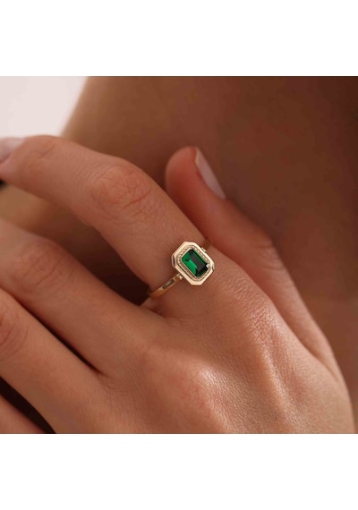 Altın Baget Yüzük Emerald T12869 Renkli