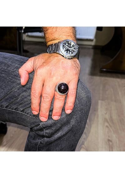 925 Ayar Gümüş Erkek Yüzük Doğal Yıldız Garnet Taşı - Nadir İşlenmemiş Garnet Kaboşon Gümüş