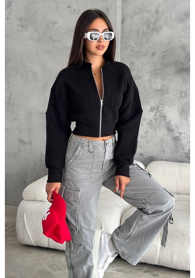 Noa & Noa Kadın Fermuarlı Fit Cropped Sweatshirt Sportif & Şehirli Stil Siyah