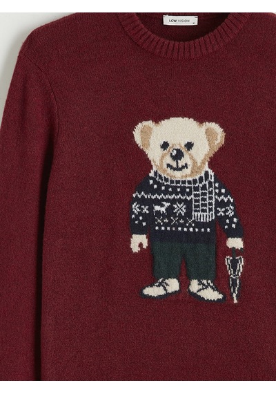 Lcw Vision Bordo Bisiklet Yaka Ayı Teddy Baskılı Erkek Triko Kazak