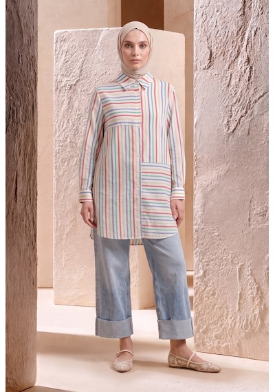 Armine Trend Çizgili Asimetrik Blok Detaylı Düğmeli Uzun Kollu Oversize Gömlek Tunik 90 Cm Boy Oranj 26yt490