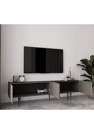 Capella Gri Mdf Country 4 Kapak Ahşap Ayaklı 160 Cm Tv Ünitesi