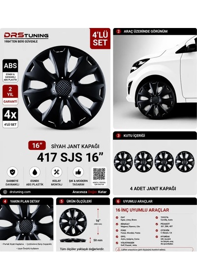 Volkswagen Uyumlu 16 Inc Kırılmaz Parlak Siyah Jant Kapağı 1 Takım 4 Adet No:417