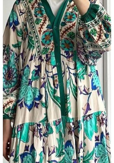 Ladies First Büyük Beden Doğal Kumaştan 9017-d02 Desenli Pamuk Elbise 001