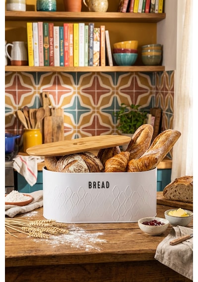 Makri Home Ekmeklik, Metal Ekmek Kutusu, Bambu Kapaklı Beyaz Ekmek Sepeti, 34 X 19 X 16 Cm Beyaz