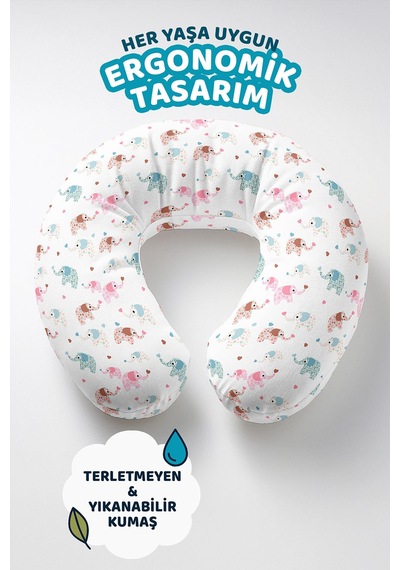 Renkli Fil Desenli Pamuklu Boyun Yastığı - Sevimli Figürlü Pembe Mavi Kahverengi Seyahat Yastığı Canlı Gün Batımı Açık Bej
