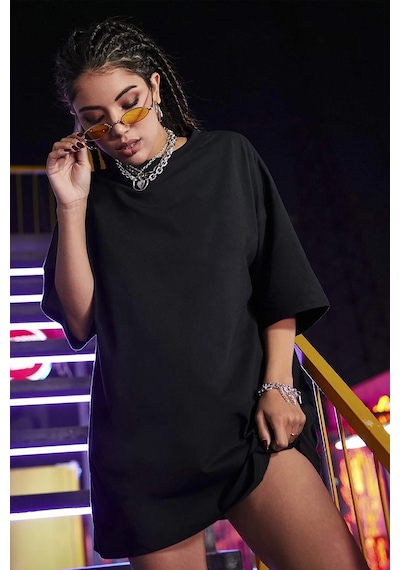 Pamuklu Ocean Baskılı Oversize T-shirt Siyah