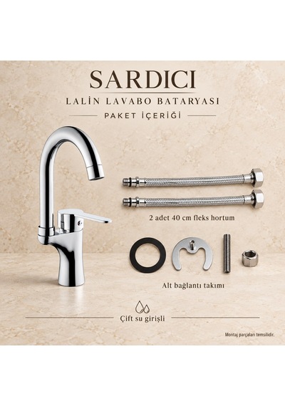 Sardıcı Lalin Lavabo Bataryası Krom Pirinç Gövde Çift Su Girişli Tam Takım