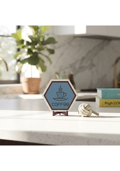 Modern Coffee Desenli Masaüstü Dekoratif Süsü Kahve Tutkunları İçin Minimalist Ve Zarif Bir Hediye Seçeneği 10x10 Cm, Gök Mavi