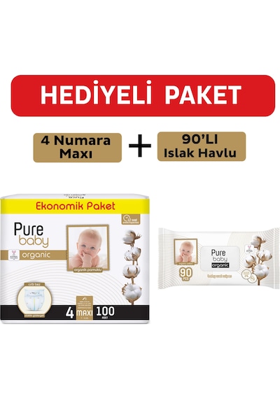 Purebaby Cırtlı Bez 4 Numara Maxi 100 Adet + Islak Havlu
