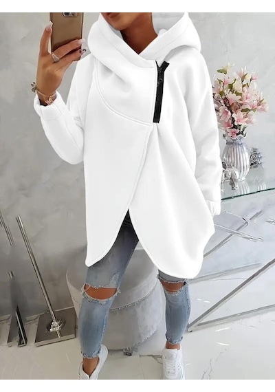 Beyaz Kadın 3 İplik Şardonlu Kapüşonlu Ceket Asimetrik Fermuarlı Oversize Beyaz