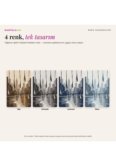 Kartela Halı Yağmur Şehir Silüetli Modern Halı Antrasit Kaymaz Taban Makinede Yıkanabilir 160x240 Cm