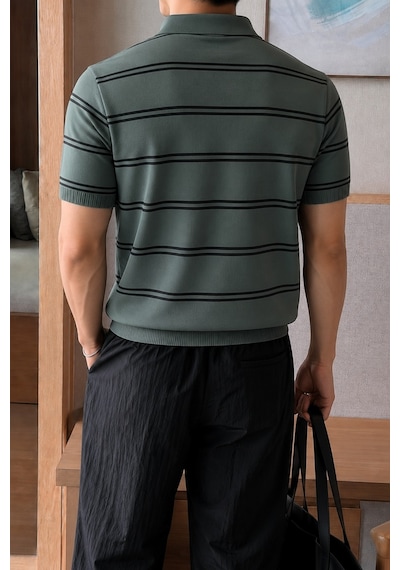 Tarz Cool Erkek Çizgili Polo Yaka Viskon Triko Tişört Slim Fit Yazlık Şık Triko Polo Haki