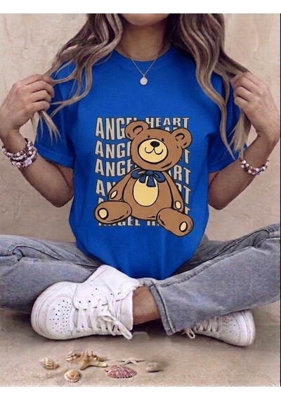 Unisex Ayıcık Baskılı Kompakt T-shirt Mavi