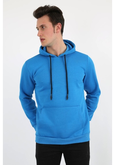 Modish Üç İplik Şardonlu Kapşonlu Düz Erkek Günlük Sweatshirt Turkuaz