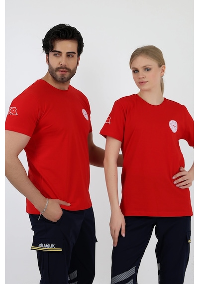 112 Acil Sağlık Yuvarlak Yaka Penye Kısa Kol Tshirt - Kırmızı