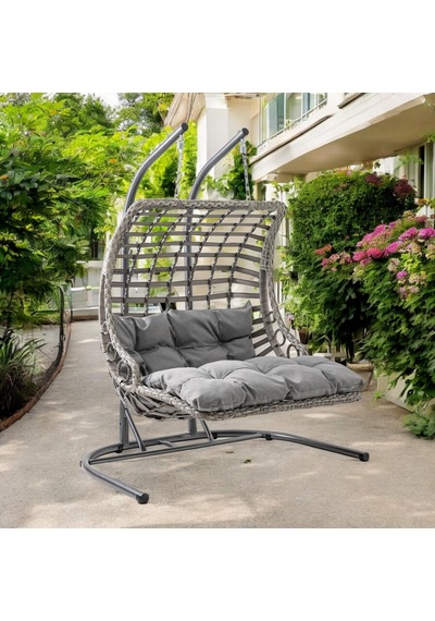 Bodrum Double Çiftli Rattan Bahçe Salıncağı Rehome Balkon Salıncağı Gri