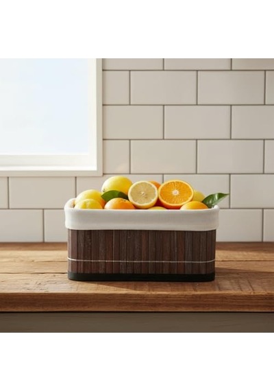 Deconox Mini Dikdörtgen Bambu Düzenleyici Ve Saklama Sepeti Gri Ahşap Banyo, Makyaj Ve Ofis Organizeri, Kumaş Astarlı Dekoratif Kutu 20x15x10 Cm