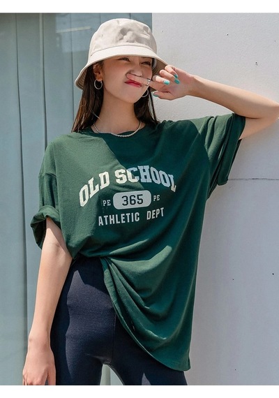 Flood Of Style Kadın Nefti Yeşil Old Scholl 365 Baskılı Oversize T-shirt