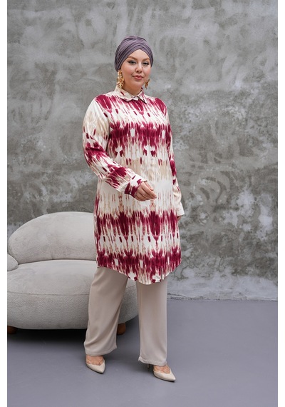 Polologin Butik Desenli Bordo Beyaz Uzun Tunik Bordo