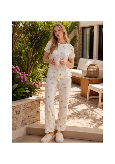 Rindahomewear Kadın Alaçatı Kumaş Limon Desenli Kısa Kollu Yazlık Pijama Takımı Limondesen