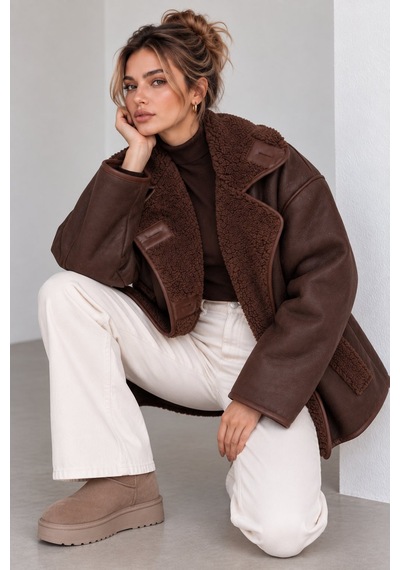 Lima Kahve Kadın Oversize Peluş Detaylı Süet Mont Kürk Yakalı Kışlık Ceket
