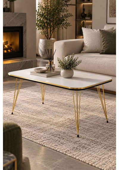 Sulorahome Gold Beyaz Orta Sehpa Tel Ayaklı Model Altın - Beyaz