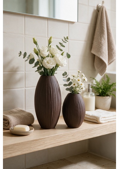 Coconut Hindistan Cevizi Dokulu Dekoratif 2'li Vazo Set - 20 Cm Pla - Salon Ve Masaüstü Vazo - Acı Kahve