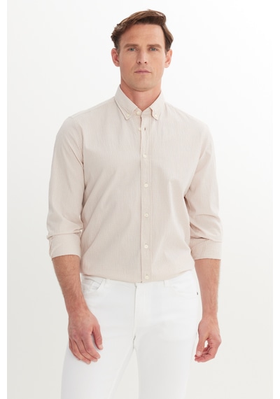 AC&Co / Altınyıldız Classics Erkek Beyaz Bej Pamuklu Slim Fit Dar Kesim Düğmeli Yaka Kareli Gömlek Beyaz Bej