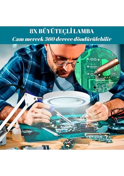 Işıklı Masa Üstü Büyüteç 8x ,2 Kollu, 64 Led, 3 Işık Modlu, Usb Kumandalı