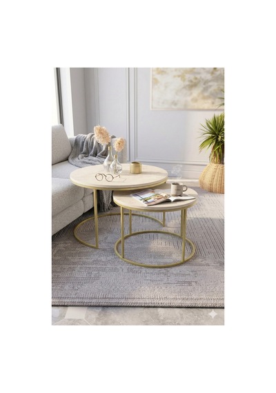 Milas Orta Sehpa 75-60 Cm Mat Gold Metal - Traverten Desen Tabla Gold Traverten Milas Orta Sehpa 75-60 Cm Mat Gold Metal - Traverten Desen Tabla Gold Traverten