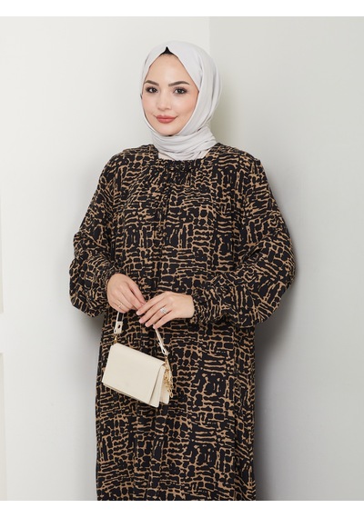 Nevayla Moda Önü Büzgülü Viskon Elbise - Siyah/taba / E0130 Siyah/taba