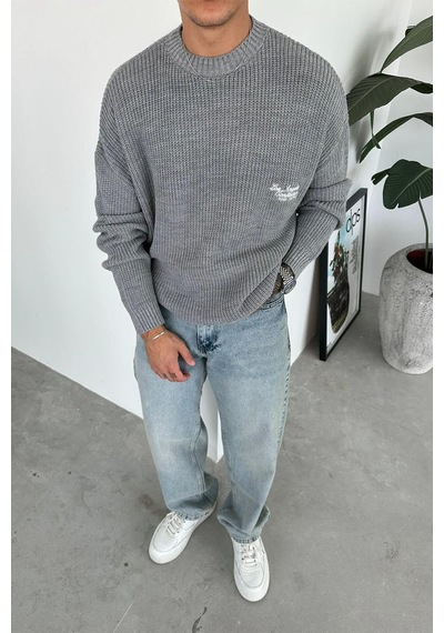 Gri Los Angeles Nakış Oversize Triko Kazak Gri