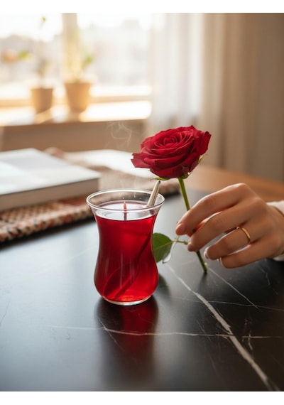 2 Adet Çay Bardağında Çay Jel Mum Dekoratif Kırmızı