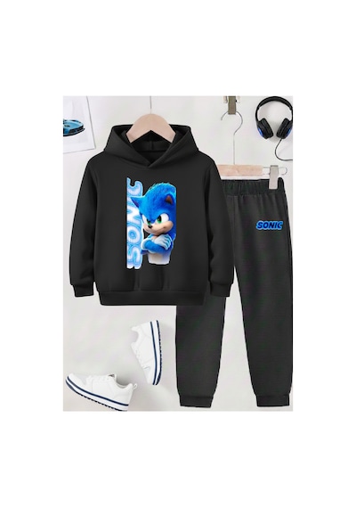 Stil-x Sonıc Baskılı Çocuk Eşofman Takımı, Şardonlu Soft Kumaş, Unısex Siyah-9