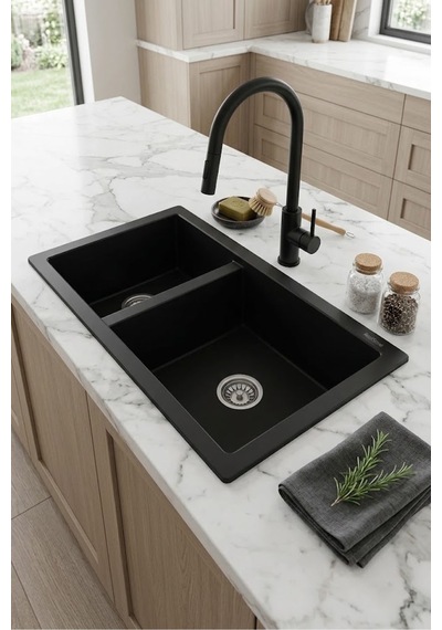 P018 Bergama 1.5 Göz Granit Evye 700 460 Mm Siyah İsimdebelirtilmiş