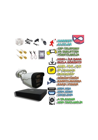 1'li 5mp Renkli Gece Görüşlü Yapay Zeka Destekli Pvc Kasa Kamera Seti