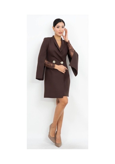 Dorne Moda Blazer Tarzı Dantel Detaylı Mini Elbise Kahverengi Kahverengi