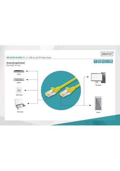 Cat 6a S-ftp Bağlantı Kablosu, Bakır, Lszh Awg 26/7, Uzunluk 50 Cm, Sarı Renk