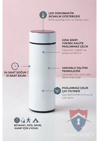 Akıllı Led Gösterge Dereceli Termos Dijital Sıcaklık Göstergeli Paslanmaz Çelik Termos 500 Ml Beyaz