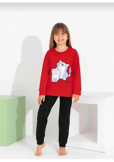 Kız Çocuk Kedi Baskılı Uzun Kollu Pijama Takımı Rahat Ev Giyimi-8411- Kırmızı