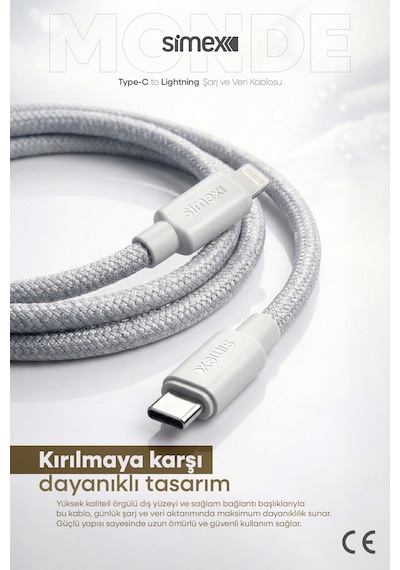 Simex 11 12 13 14 Pro Max Serisi Type-c To Lightning Hızlı Şarj Kablosu, Apple iPhone Uyumlu Şarj Kablosu, Gri, 1 Metre