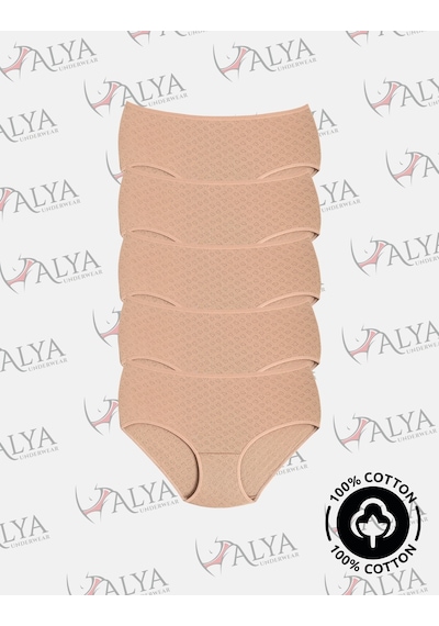 Alya Underwear %100 Pamuk Kumaşlı, Büyük Beden Yüksek Bel Kalp Desenli Ribana Jakar Kadın Külot Ten Rengi