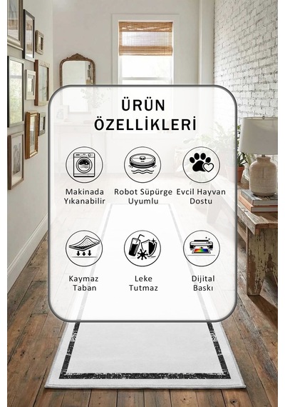 Trendy Zemim Düz Beyaz Salon Mutfak Yatak Yıkanabilir Yolluk